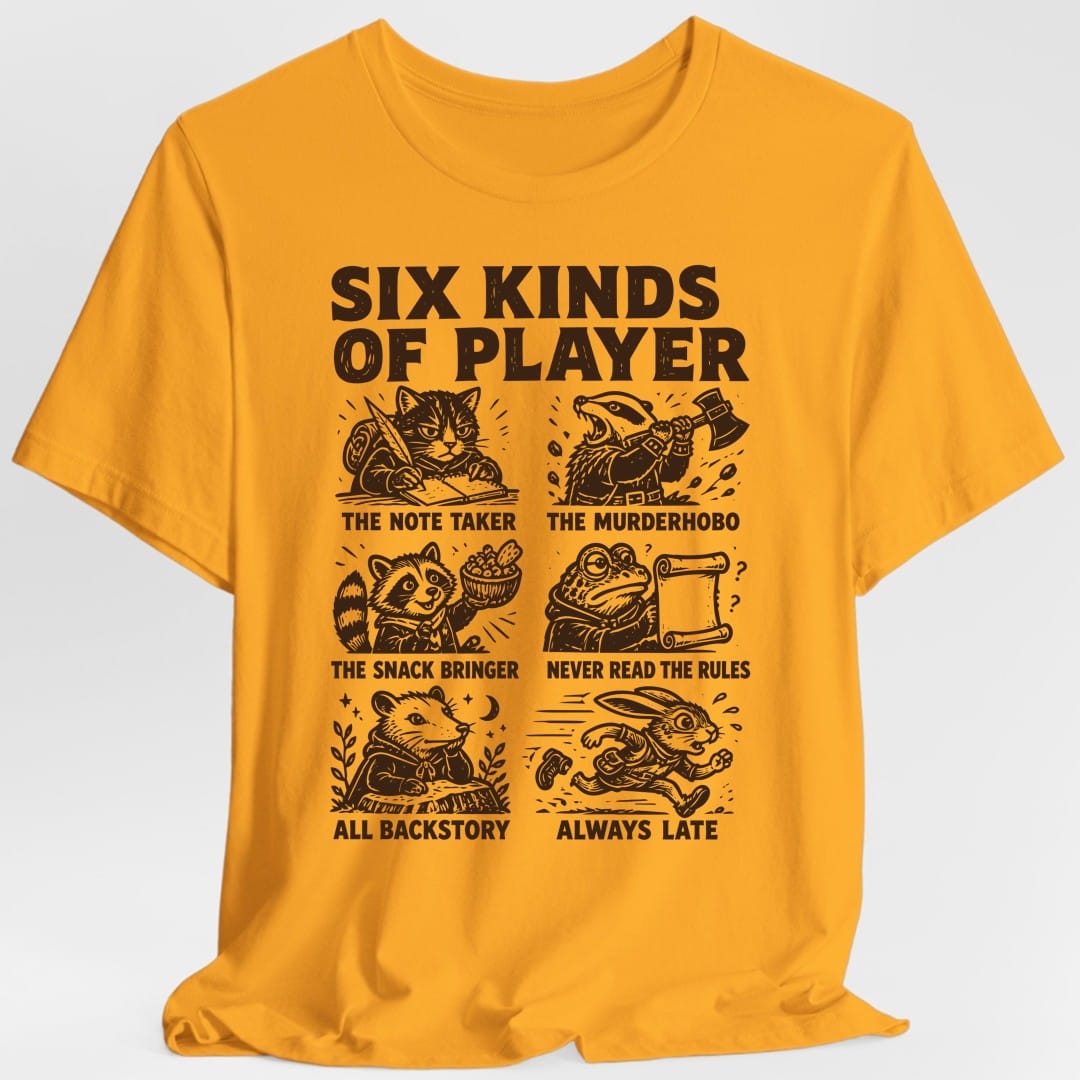 The same Six Kinds Of Player grid design, on a gold t-shirt.
