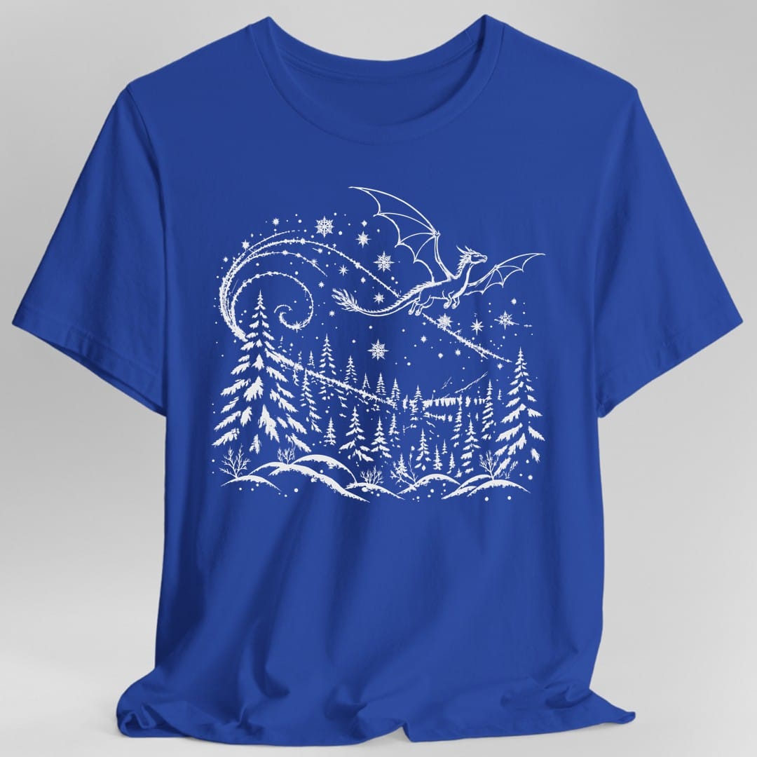 The same Snow Dragon design, on a royal t-shirt.