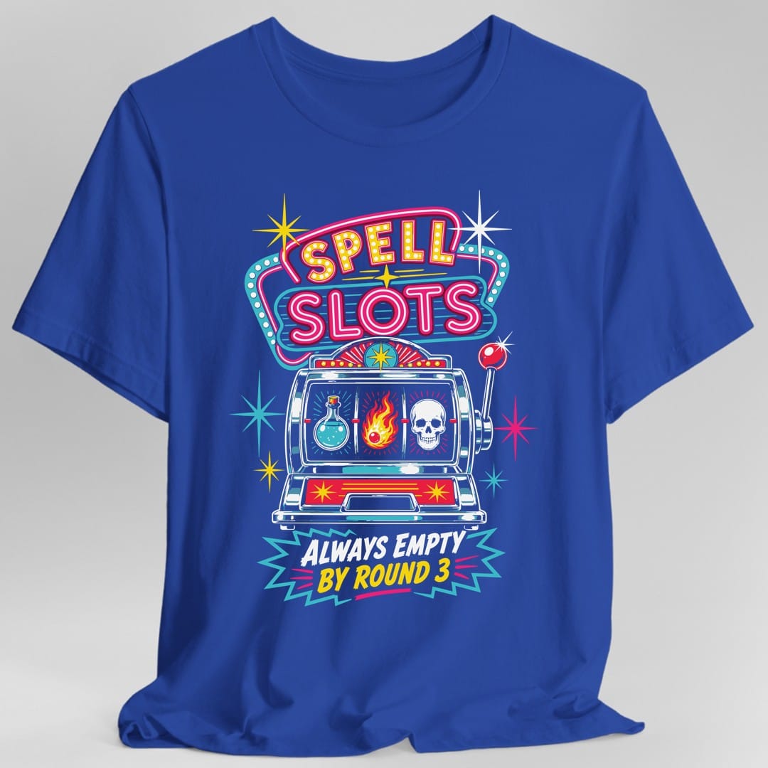 The same Spell Slots slot machine design, on a royal t-shirt.
