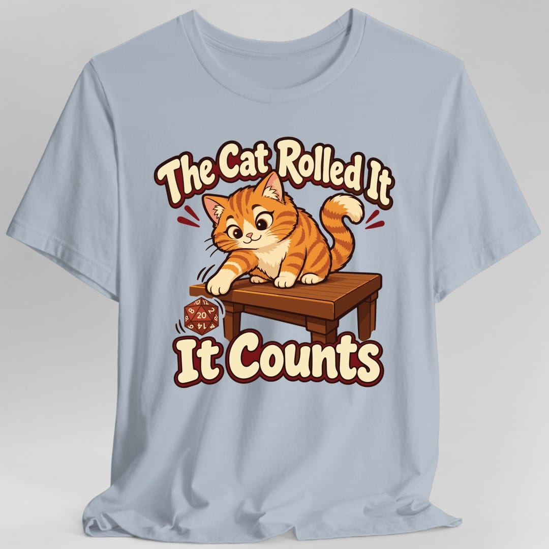 The same The Cat Rolled It tabby design, on a light blue t-shirt.