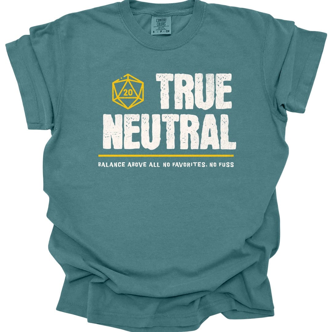 The same True Neutral alignment design, on a blue spruce t-shirt.