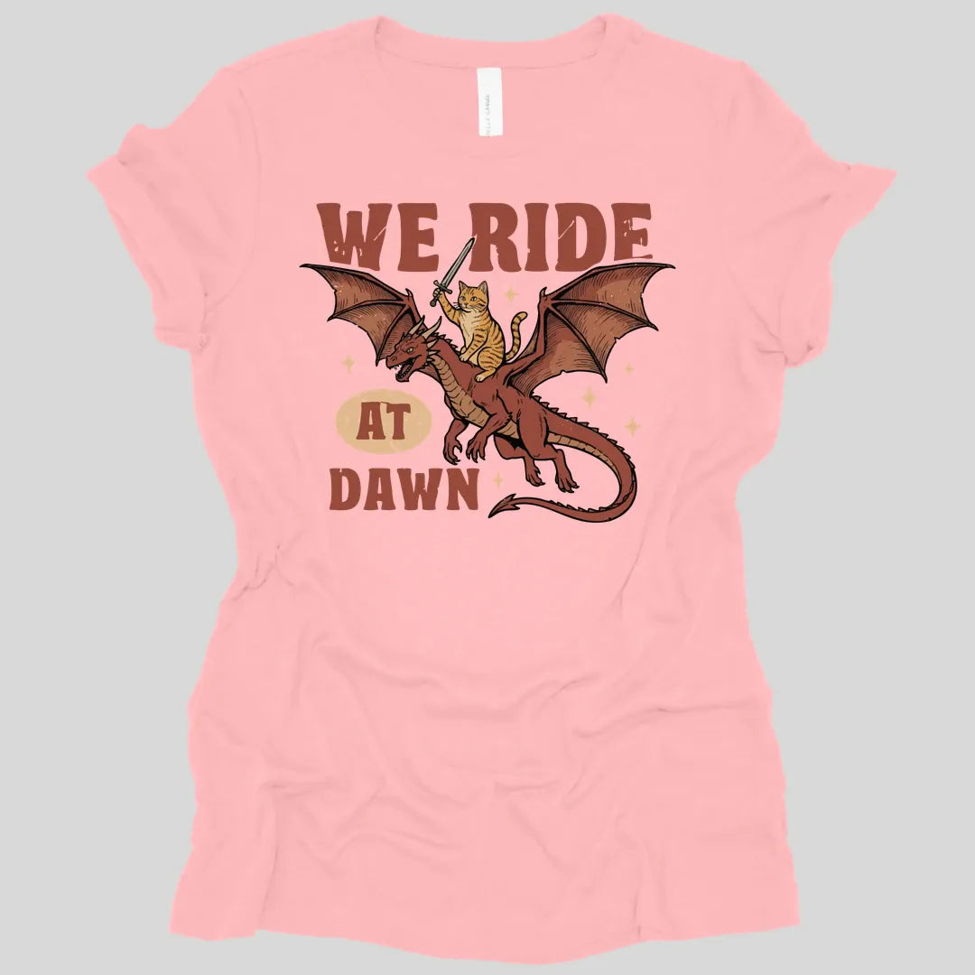 Printify T-Shirt Pink / S We Ride At Dawn Dragon Cat Women's T-shirt