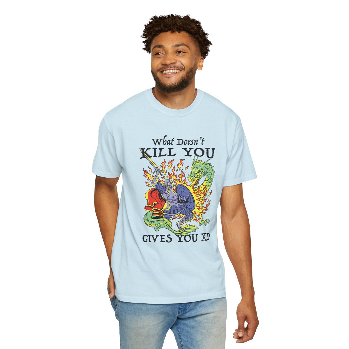 A model wearing the chambray What Doesn't Kill You Gives You XP knight t-shirt.