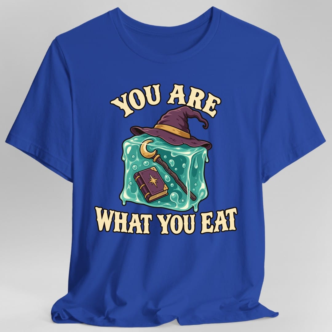 The same You Are What You Eat gelatinous cube design, on a royal t-shirt.