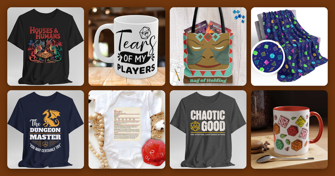 A grid of D&D gifts: t-shirts, mugs, a Bag of Holding tote, a dice pattern blanket and a baby onesie