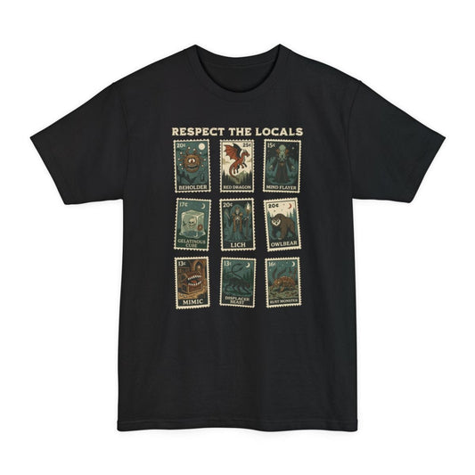 Black tall t-shirt. Reads "Respect the locals" across the top. Below, nine postage stamps in a grid, each with a price in the corner and a monster illustrated on it, labeled Beholder, Red Dragon, Mind Flayer, Gelatinous Cube, Lich, Owlbear, Mimic, Displacer Beast and Rust Monster. Muted vintage colors.
