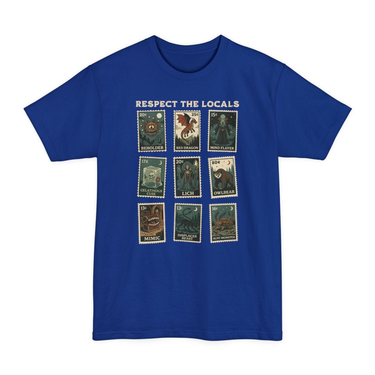 The same Respect the Locals stamps design, on a deep royal tall t-shirt.