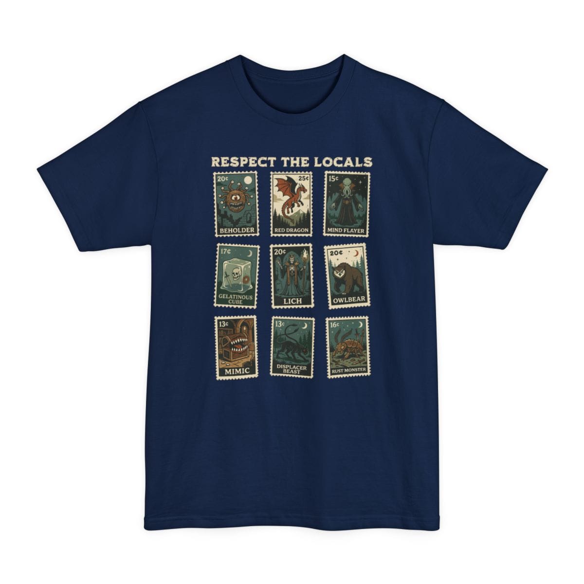 The same Respect the Locals stamps design, on a navy tall t-shirt.