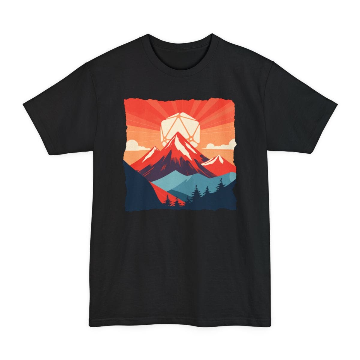 Black tall t-shirt. A white twenty-sided die sits low in the sky like a rising sun, with red rays fanning out behind it. Below, snow-capped mountains in red, navy and blue layer over each other above a row of dark pine trees. Bold flat color in coral red, navy and cream. No words.