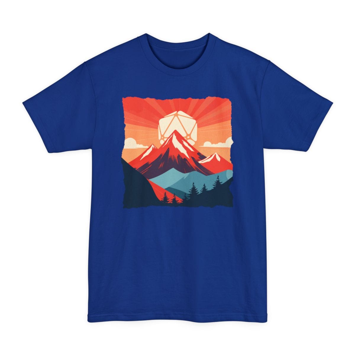 The same D20 Japanese landscape design, on a deep royal tall t-shirt.