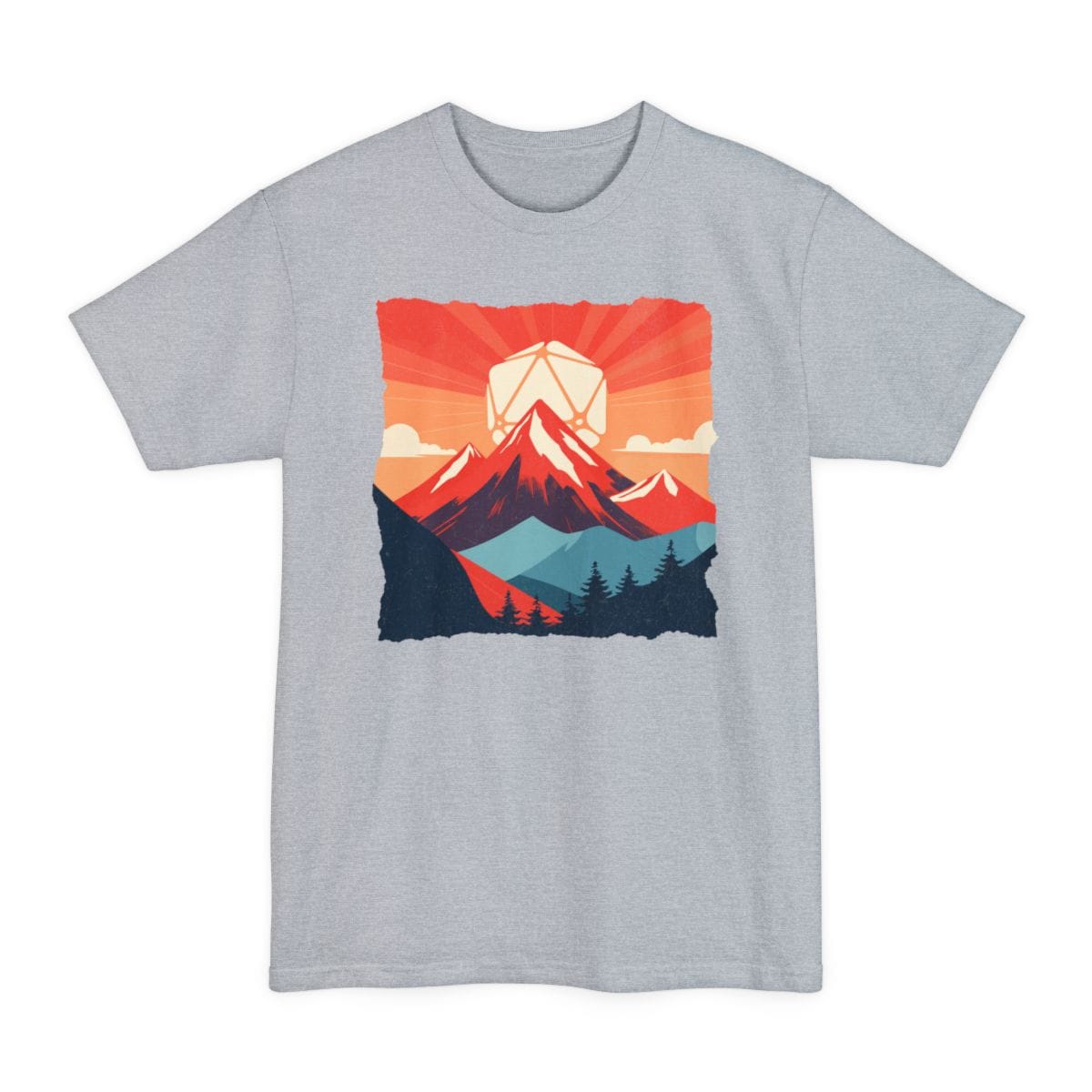 The same D20 Japanese landscape design, on a light steel tall t-shirt.