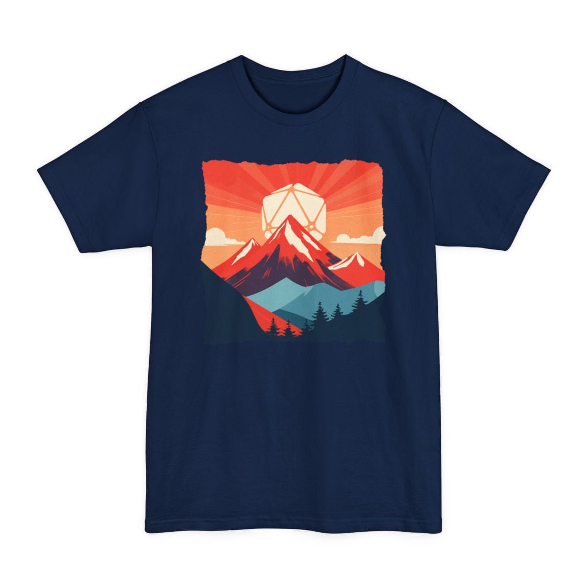 The same D20 Japanese landscape design, on a navy tall t-shirt.