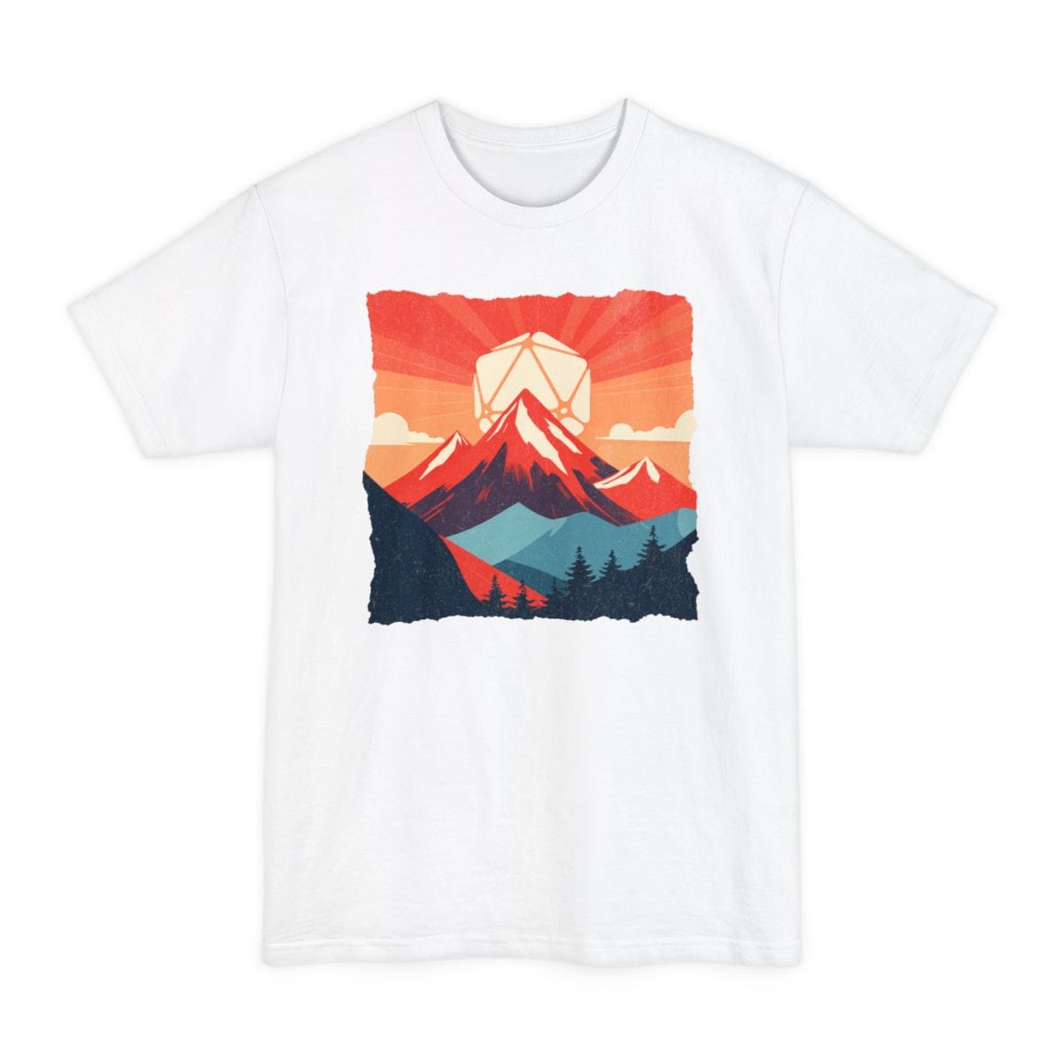 The same D20 Japanese landscape design, on a white tall t-shirt.
