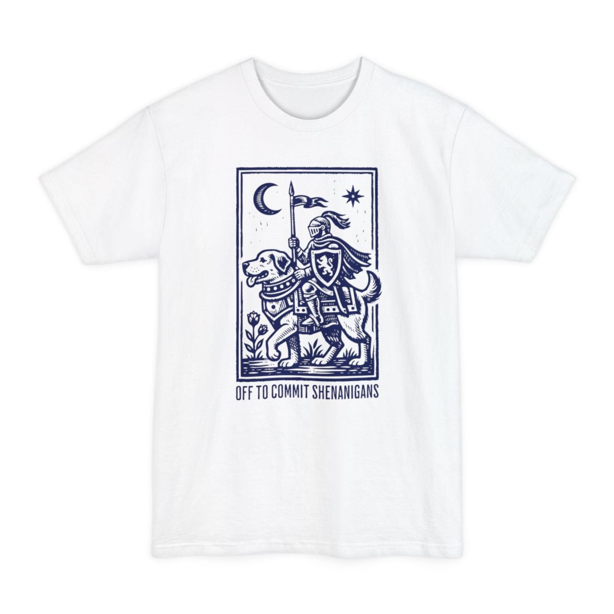 The same Off To Commit Shenanigans design, on a white tall t-shirt.