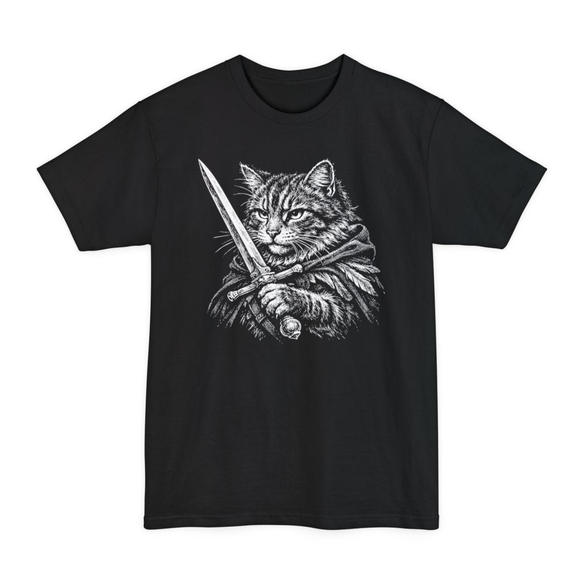 Black tall t-shirt. A long-haired cat glares straight ahead, holding a sword upright in front of it with both paws, blade pointing to the sky. Drawn in fine engraved cross-hatching, all in white on a plain background. No words.