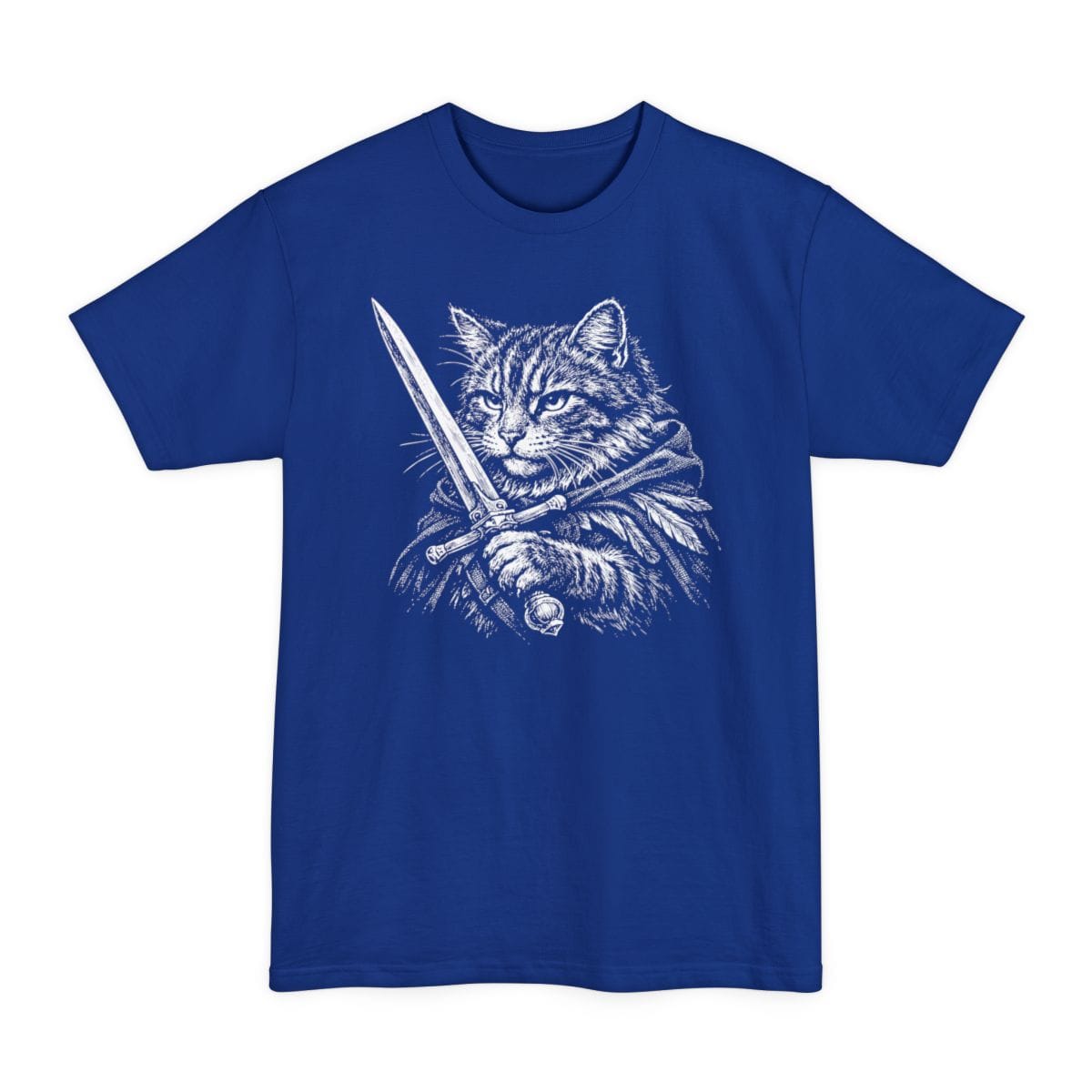The same Warrior Cat design, on a deep royal tall t-shirt.