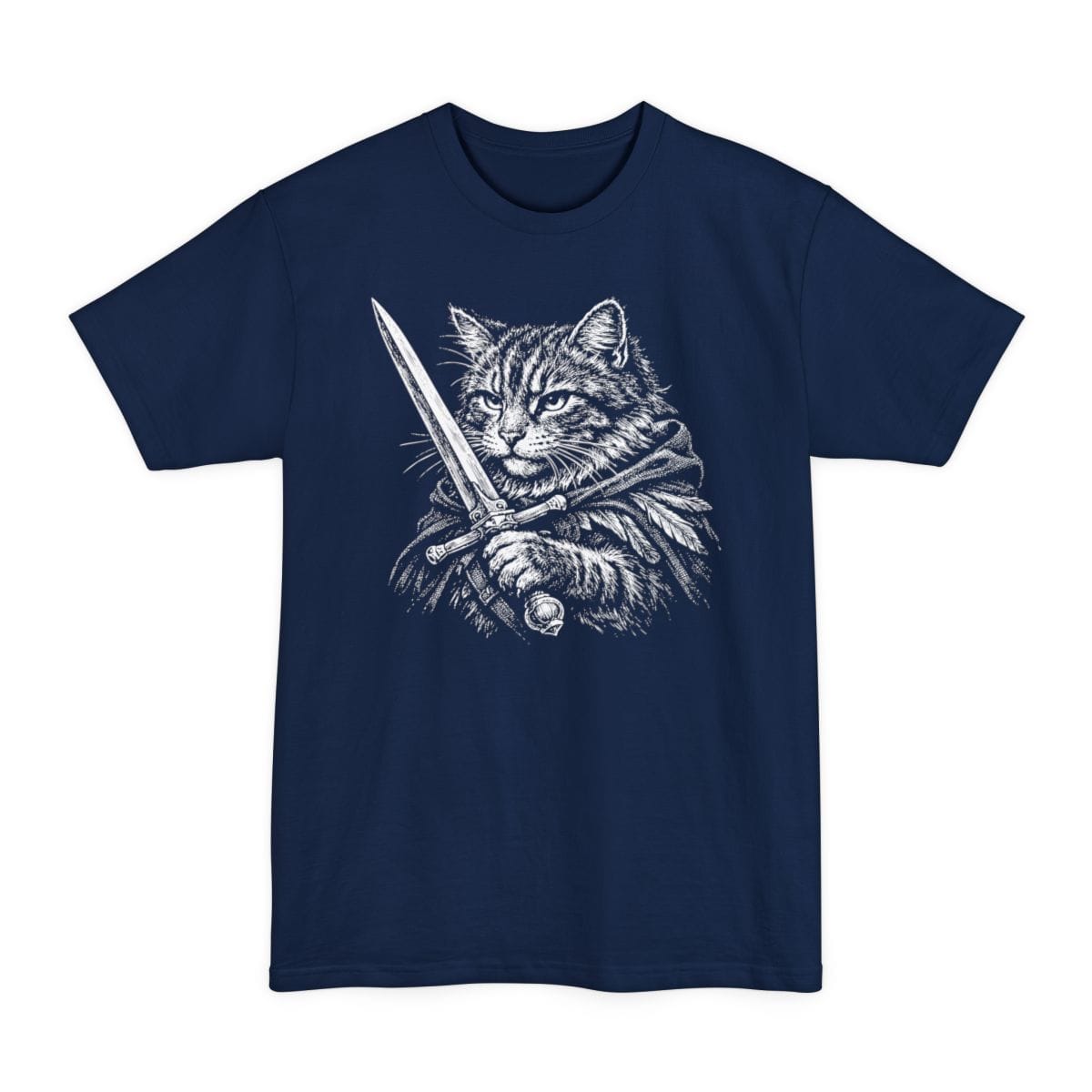 The same Warrior Cat design, on a navy tall t-shirt.