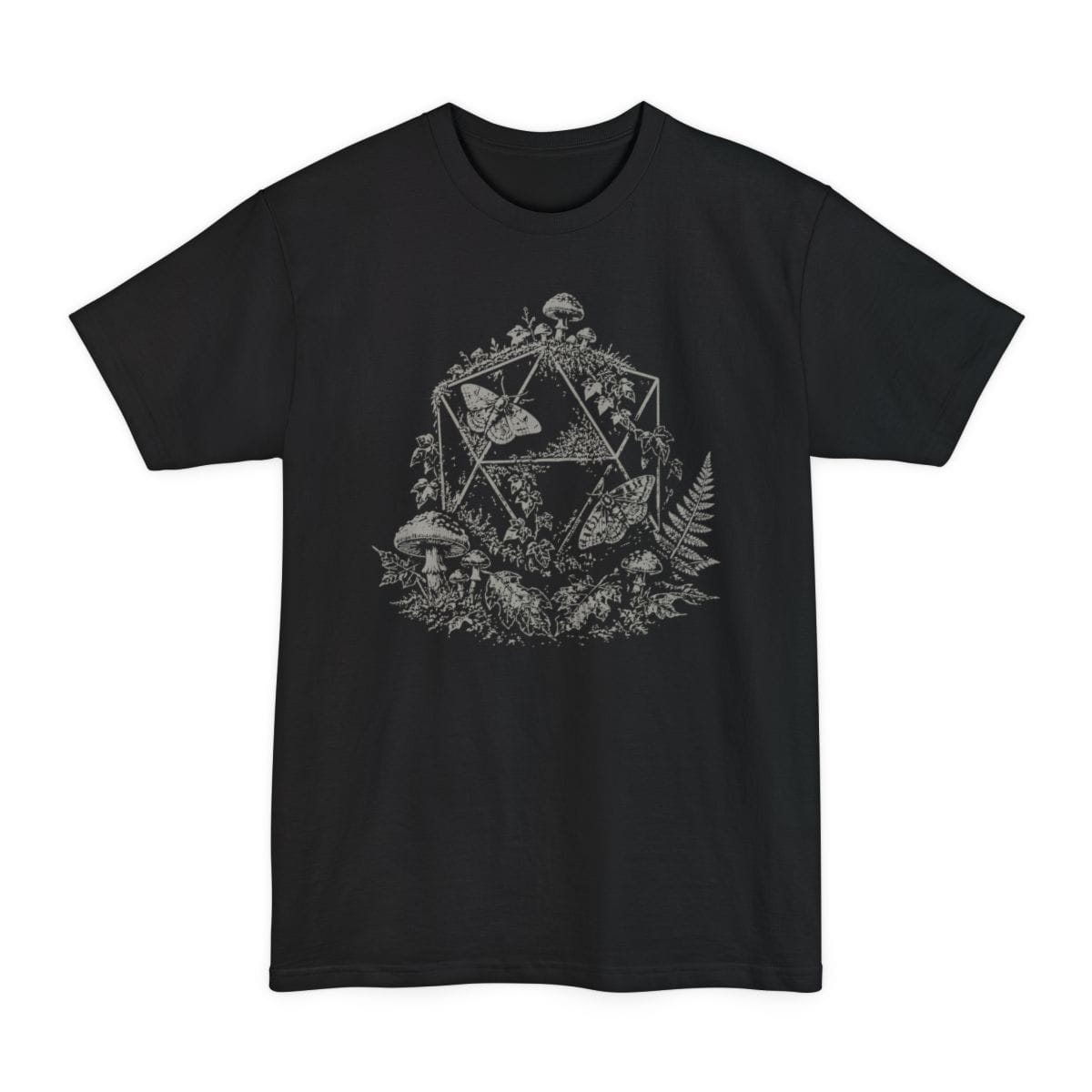 Black tall t-shirt. A twenty-sided die outline sits behind a large moth with spread wings, surrounded by toadstools, ferns and leaves. Everything is drawn in fine dotted stipple shading, all in a single pale cream. No words.