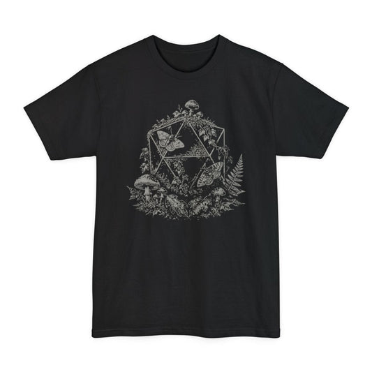 Black tall t-shirt. A twenty-sided die outline sits behind a large moth with spread wings, surrounded by toadstools, ferns and leaves. Everything is drawn in fine dotted stipple shading, all in a single pale cream. No words.