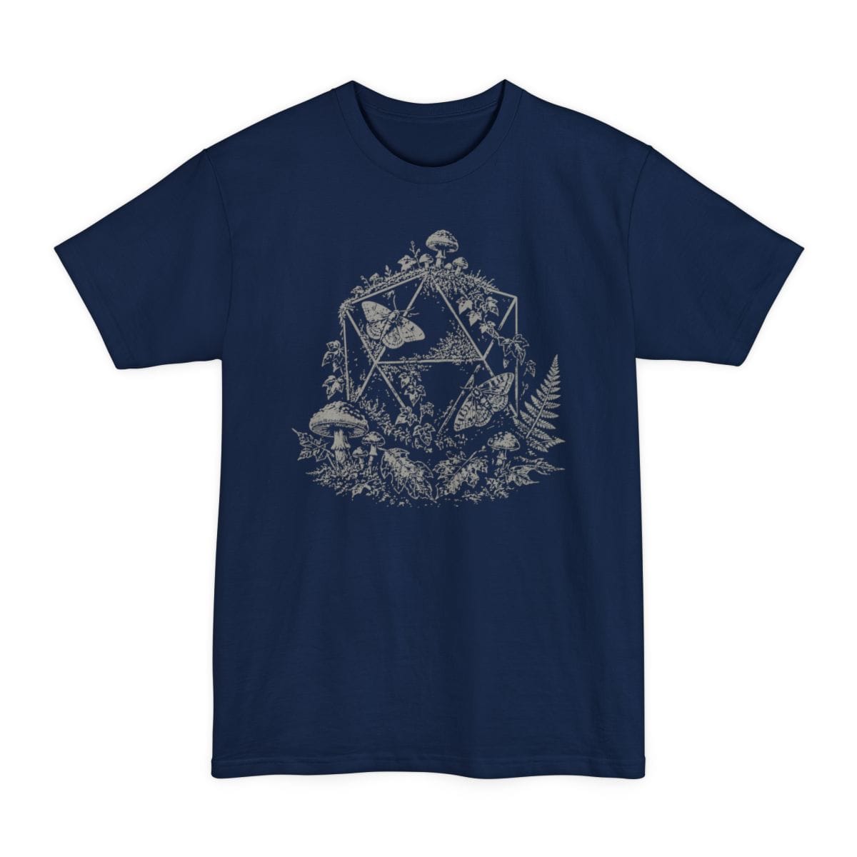 The same Goblincore D20 stipple design, on a navy tall t-shirt.
