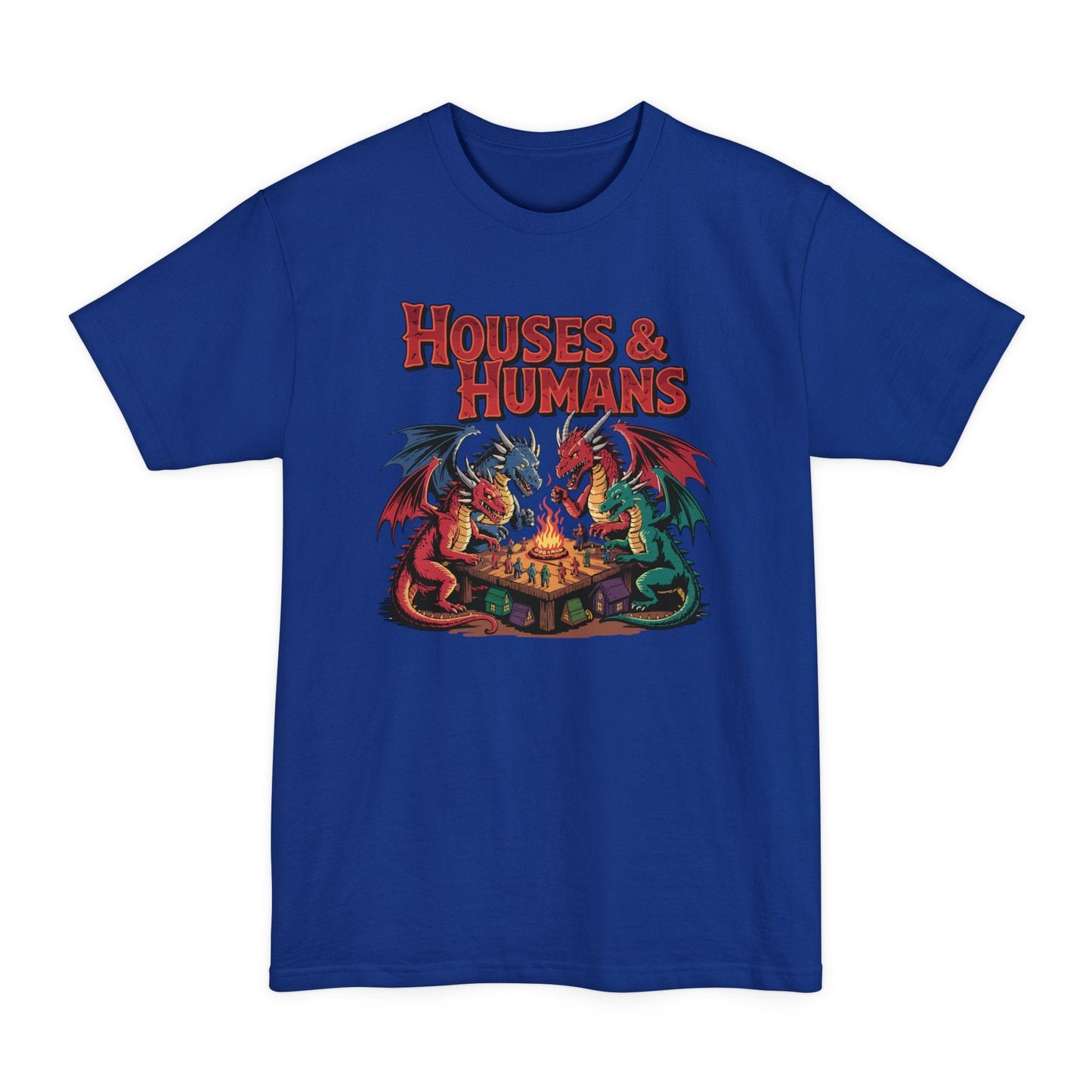 The same Houses and Humans dragons design, on a deep royal tall t-shirt.