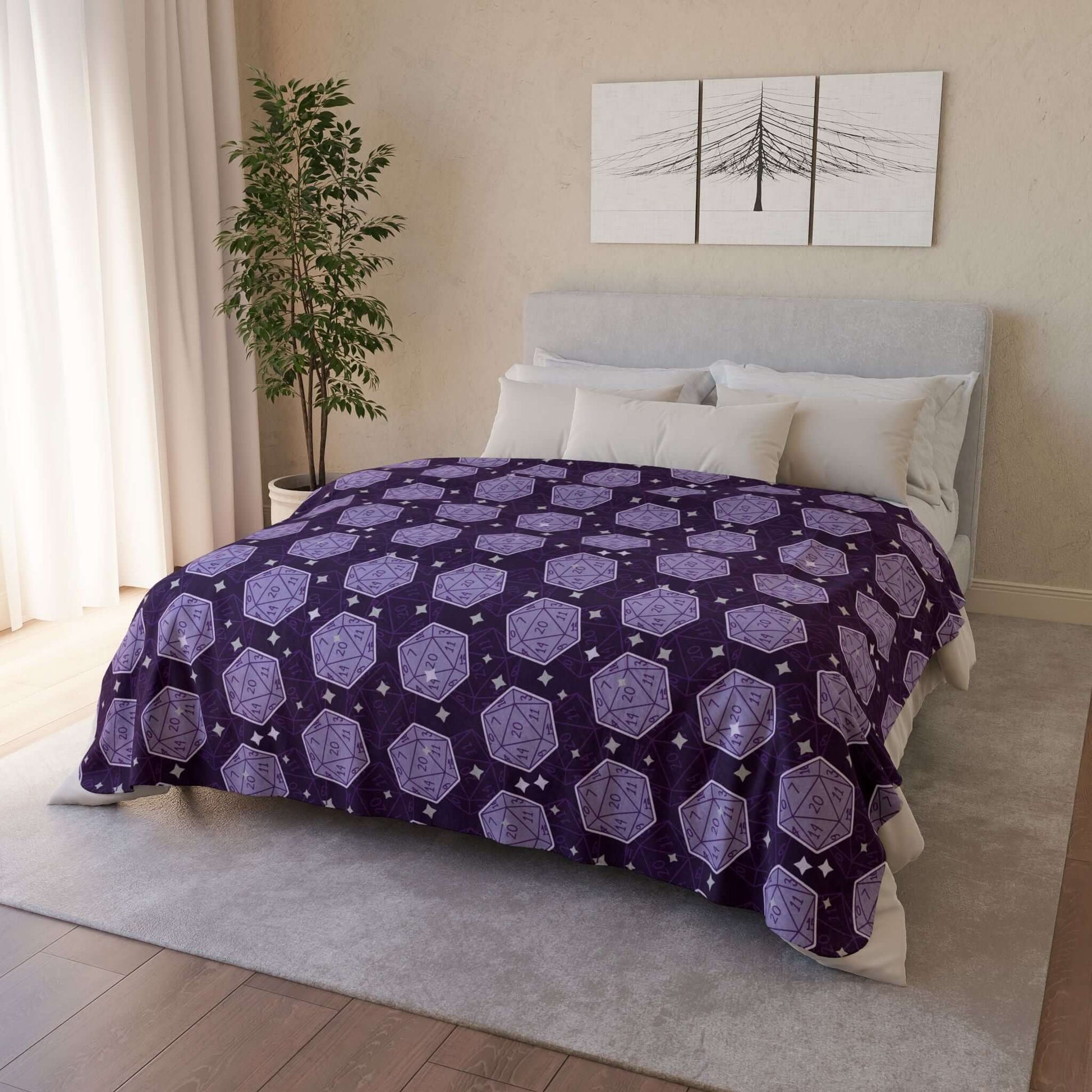 D&D Sherpa Fleece Blanket with Purple Dice Pattern Size: 60" × 80" Underside Color: Grey