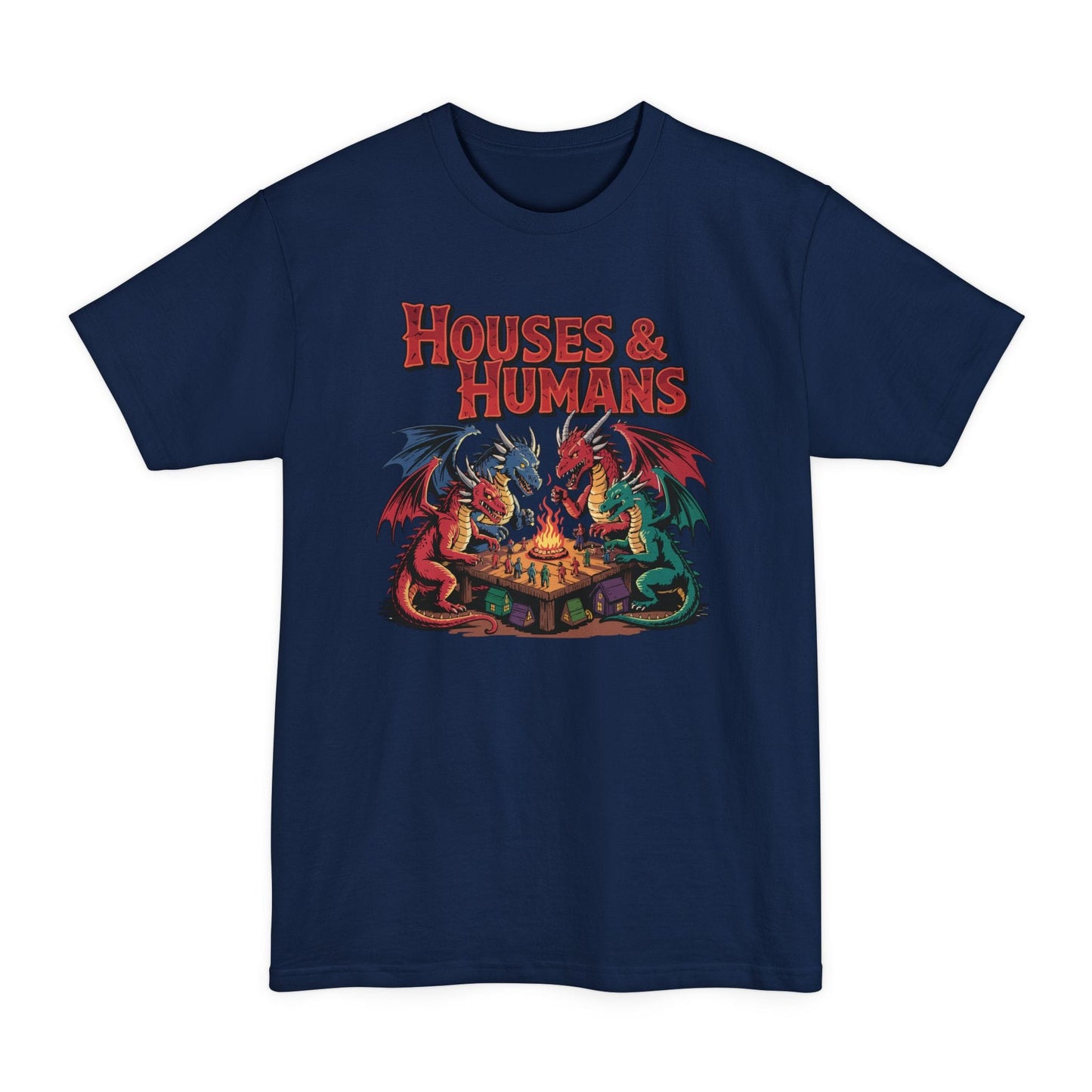 The same Houses and Humans dragons design, on a navy tall t-shirt.