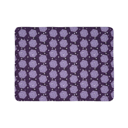 D&D Sherpa Fleece Blanket with Purple Dice Pattern Size: 50" × 60" Underside Color: Grey