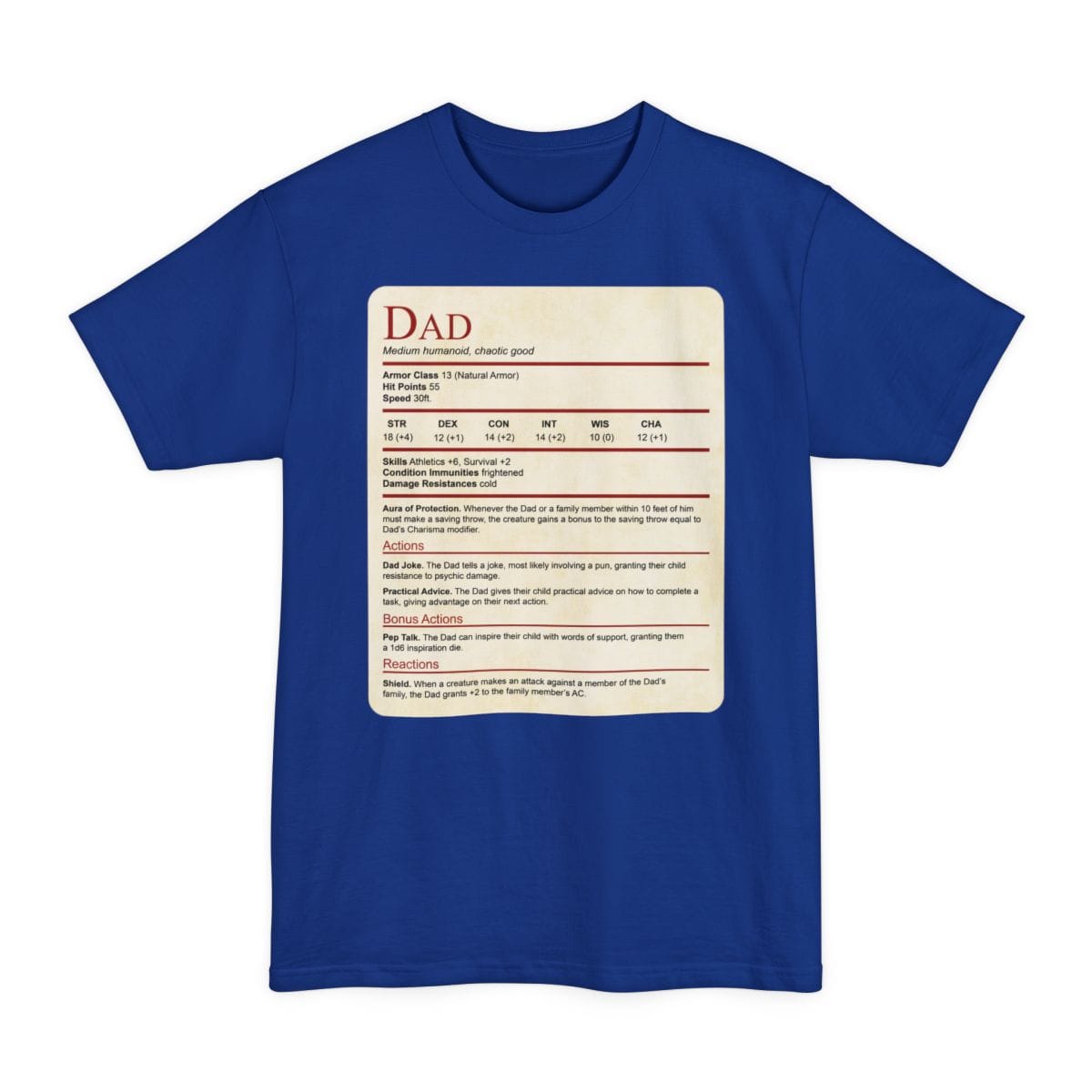 The same Dad stat block design, on a deep royal tall t-shirt.