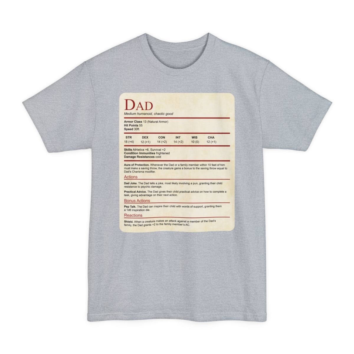 The same Dad stat block design, on a light steel tall t-shirt.