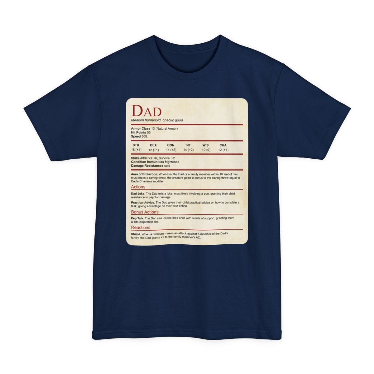 The same Dad stat block design, on a navy tall t-shirt.