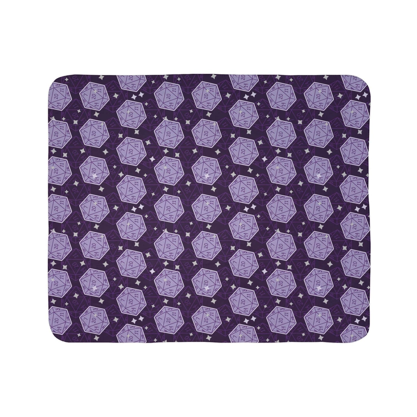 D&D Sherpa Fleece Blanket with Purple Dice Pattern Size: 50" × 60" Underside Color: Grey