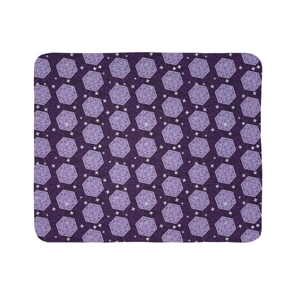 D&D Sherpa Fleece Blanket with Purple Dice Pattern Size: 50" × 60" Underside Color: Grey