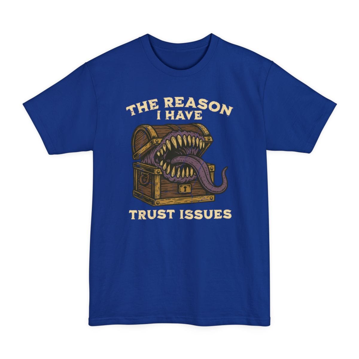 The same Trust Issues mimic design, on a deep royal tall t-shirt.