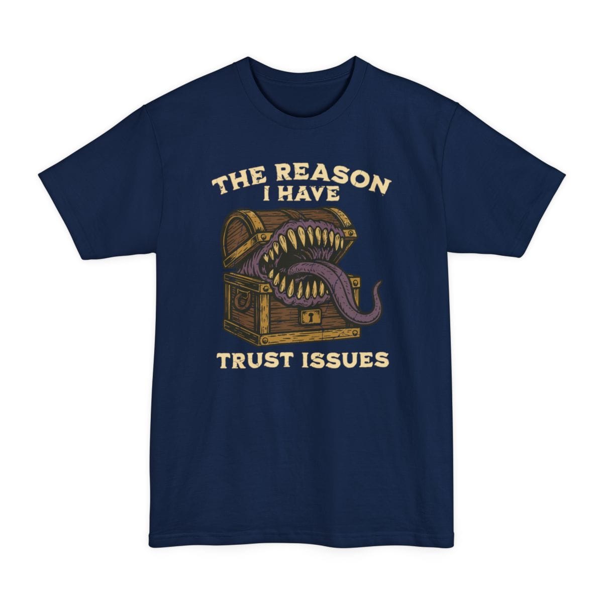 The same Trust Issues mimic design, on a navy tall t-shirt.