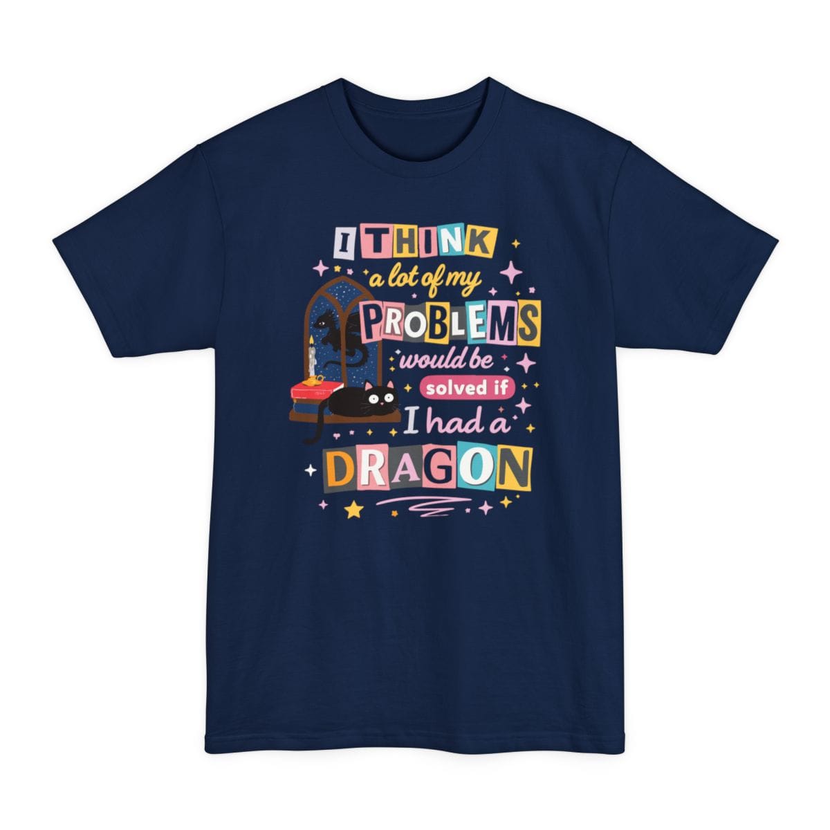 The same A Lot Of My Problems Dragon design, on a navy tall t-shirt.