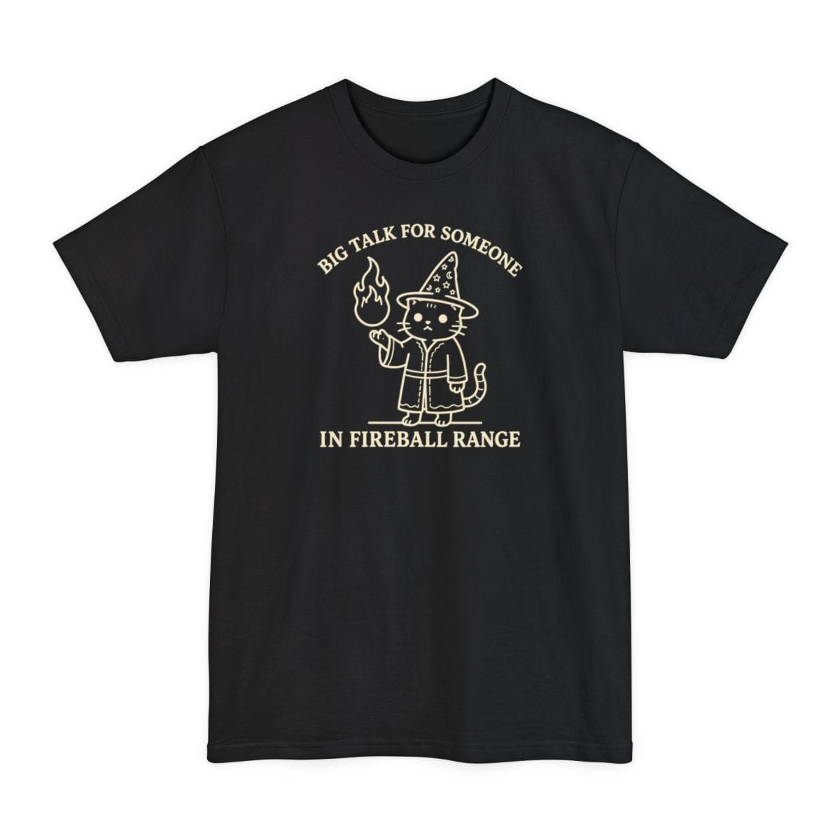 Black tall t-shirt. Reads "Big talk for someone" curving across the top and "In fireball range" across the bottom in cream capitals. Between them a cat stands upright in a starry pointed hat and robe, looking unimpressed, holding up a small flame in one paw.