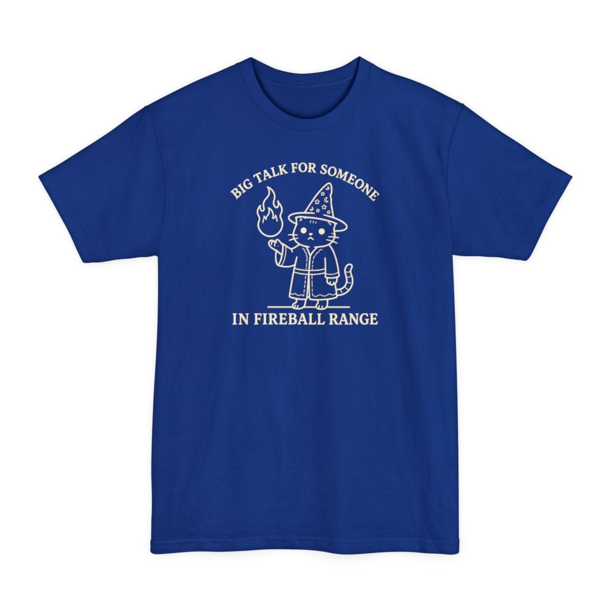 The same Big Talk for Someone in Fireball Range cat design, on a deep royal tall t-shirt.
