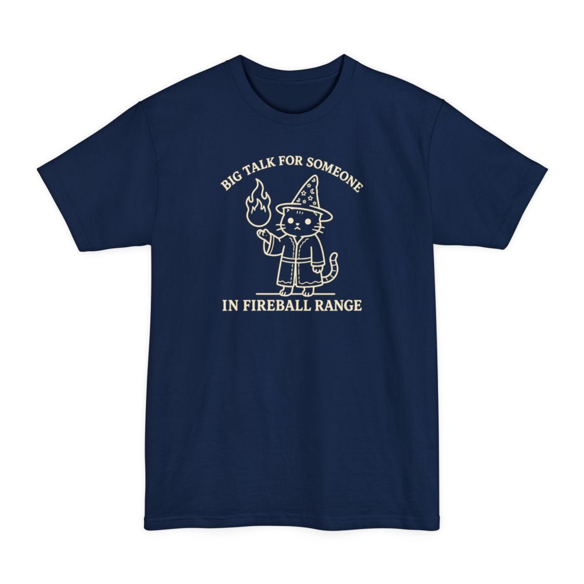 The same Big Talk for Someone in Fireball Range cat design, on a navy tall t-shirt.