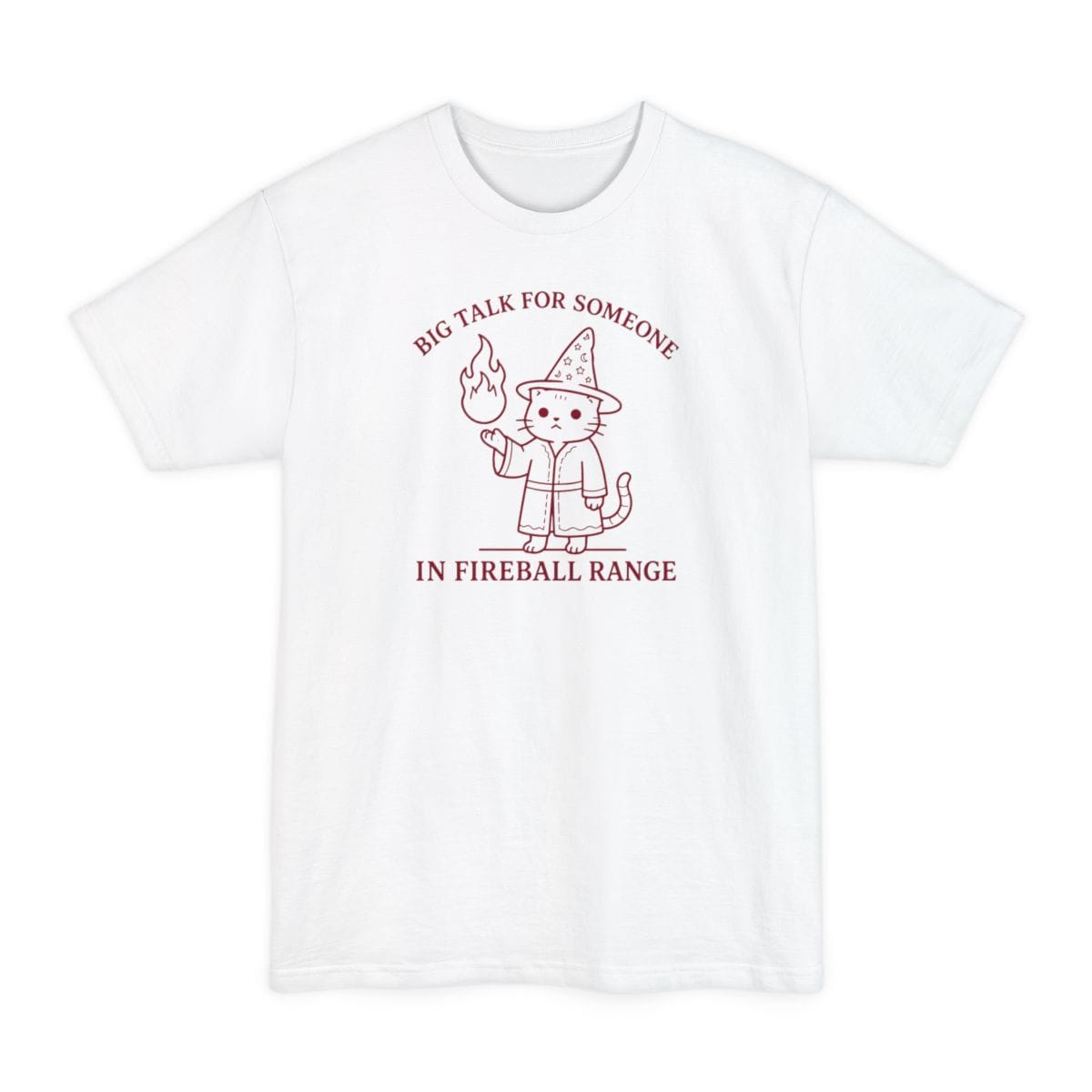 The same Big Talk for Someone in Fireball Range cat design, on a white tall t-shirt.