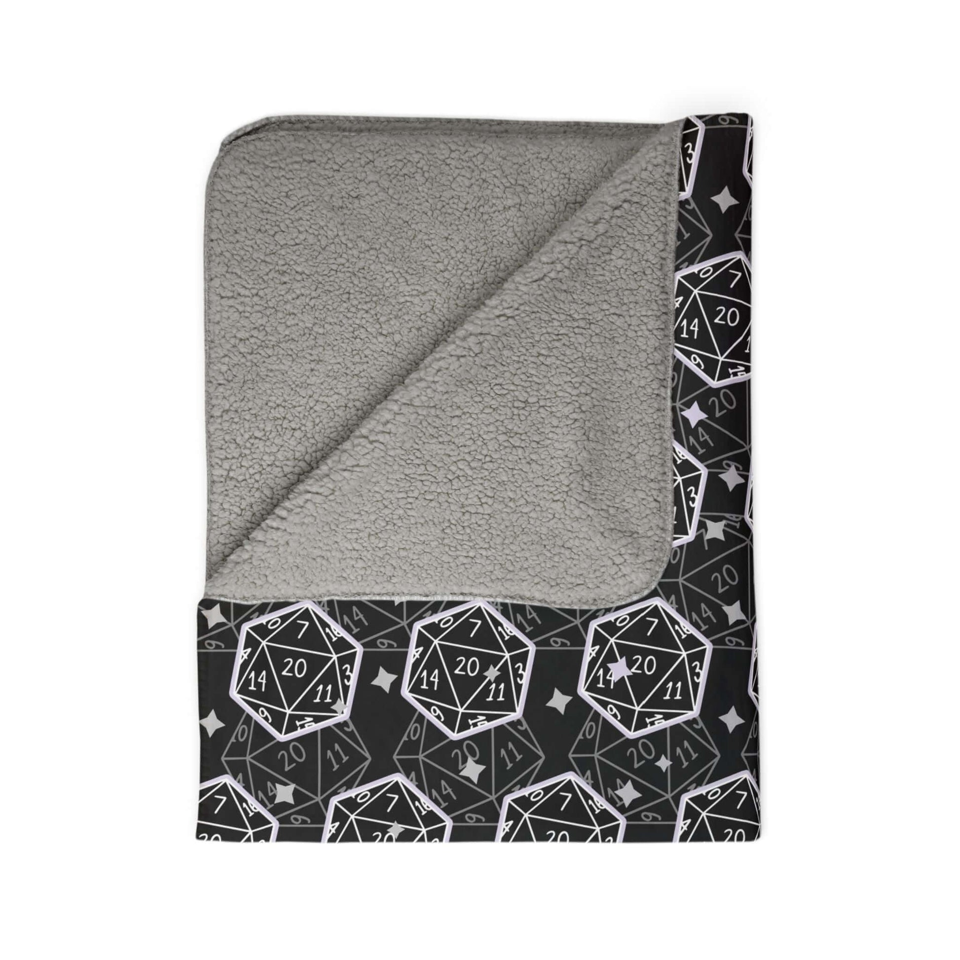 D&D Sherpa Fleece Blanket with B&W Dice Pattern Size: 50" × 60" Underside Color: Grey