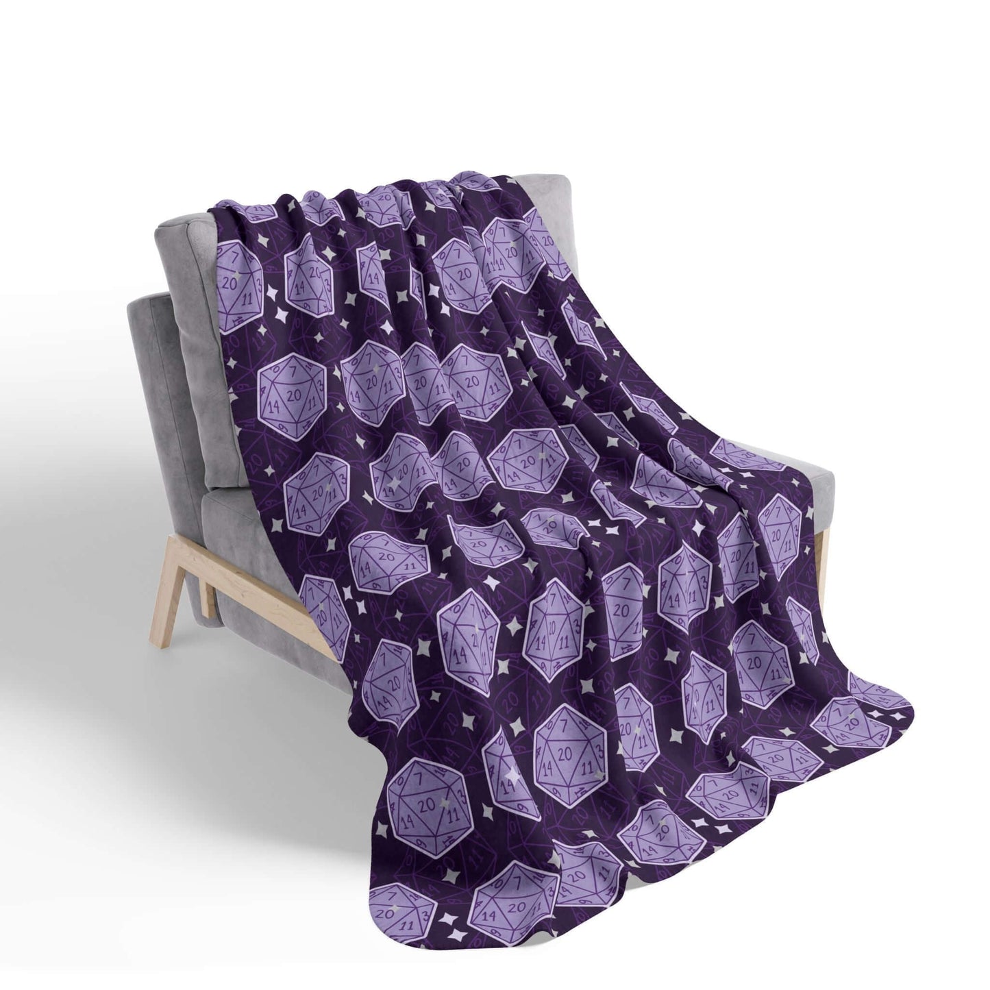 D&D Sherpa Fleece Blanket with Purple Dice Pattern Size: 50" × 60" Underside Color: Grey