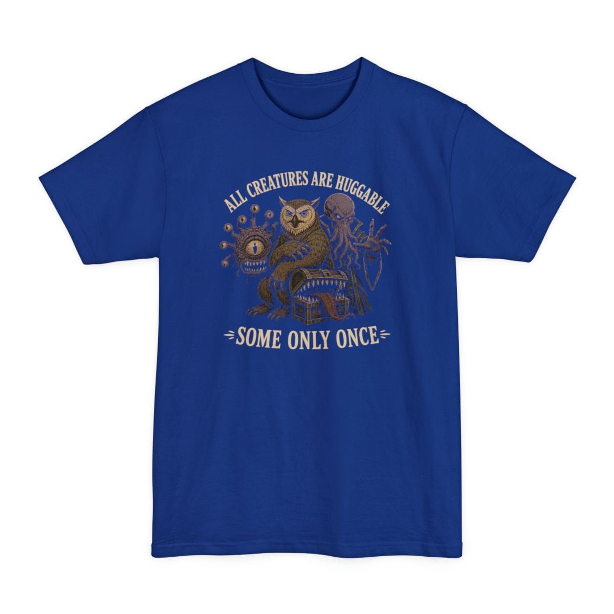 The same All Creatures Huggable design, on a deep royal tall t-shirt.