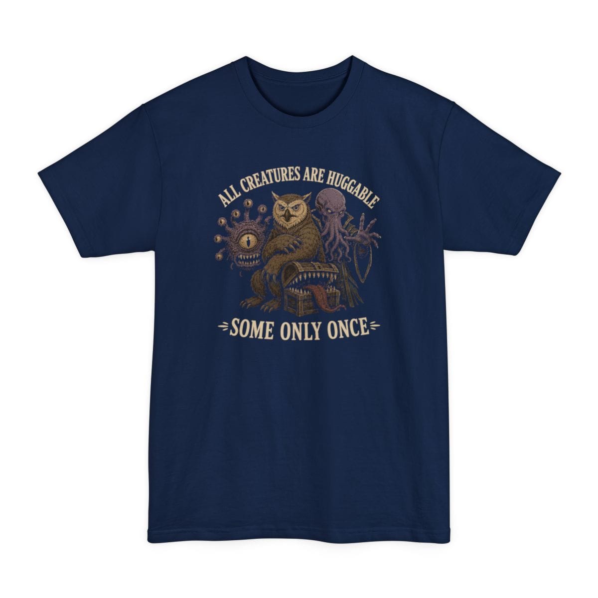 The same All Creatures Huggable design, on a navy tall t-shirt.