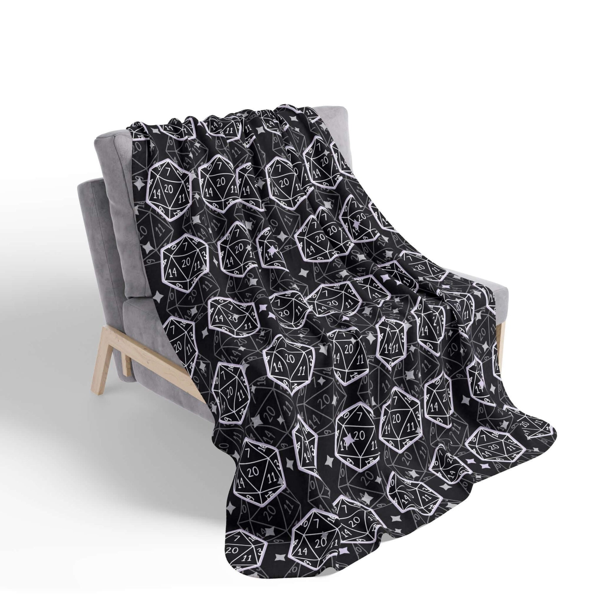 D&D Sherpa Fleece Blanket with B&W Dice Pattern Size: 50" × 60" Underside Color: Grey