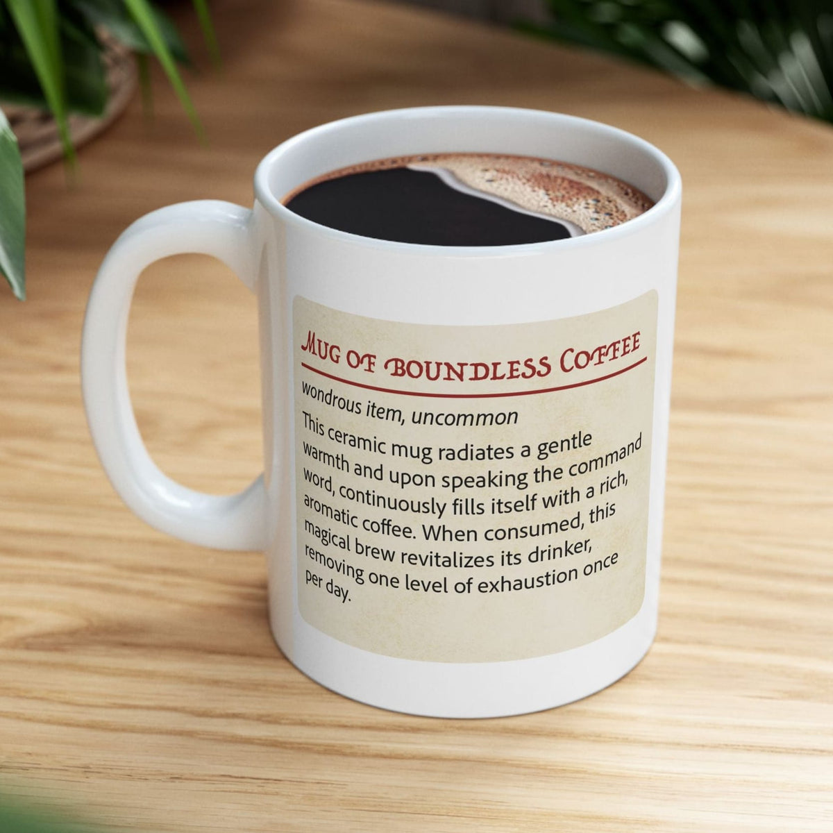 Mug with 'Mug of Boundless Coffee' text on a wooden table