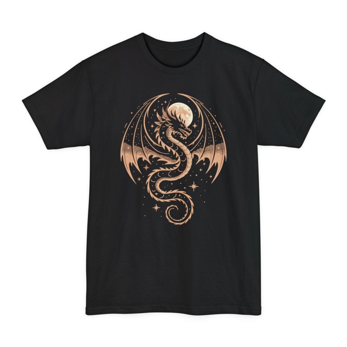 Black tall t-shirt. A long serpentine dragon coils in an S shape with its wings spread wide, its tail curling into a spiral at the bottom. A full moon sits behind its head, with small stars and sparkles scattered around. Fine line work in pale peach and cream. No words.