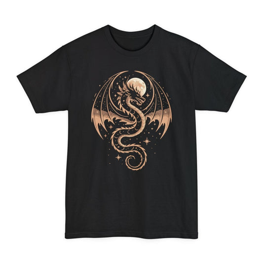 Black tall t-shirt. A long serpentine dragon coils in an S shape with its wings spread wide, its tail curling into a spiral at the bottom. A full moon sits behind its head, with small stars and sparkles scattered around. Fine line work in pale peach and cream. No words.