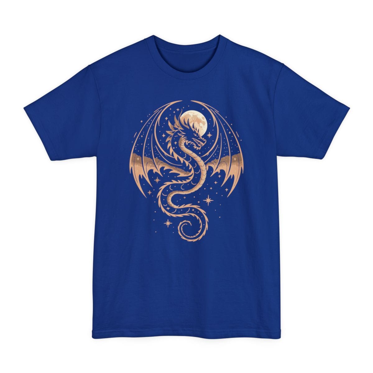 The same Celestial Dragon design, on a deep royal tall t-shirt.