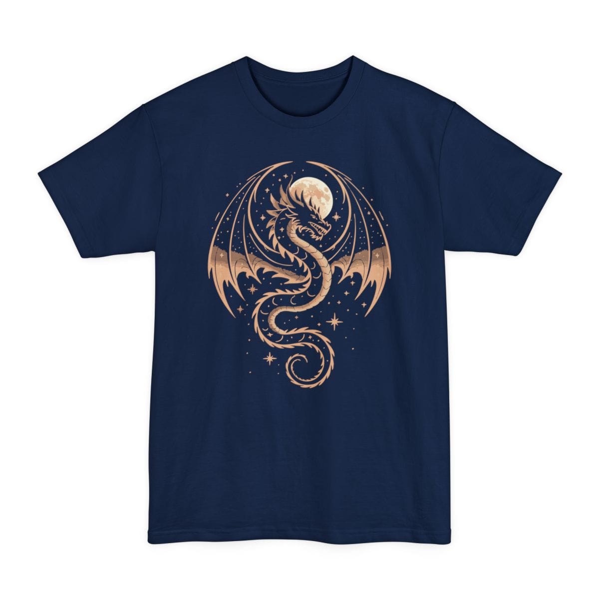 The same Celestial Dragon design, on a navy tall t-shirt.